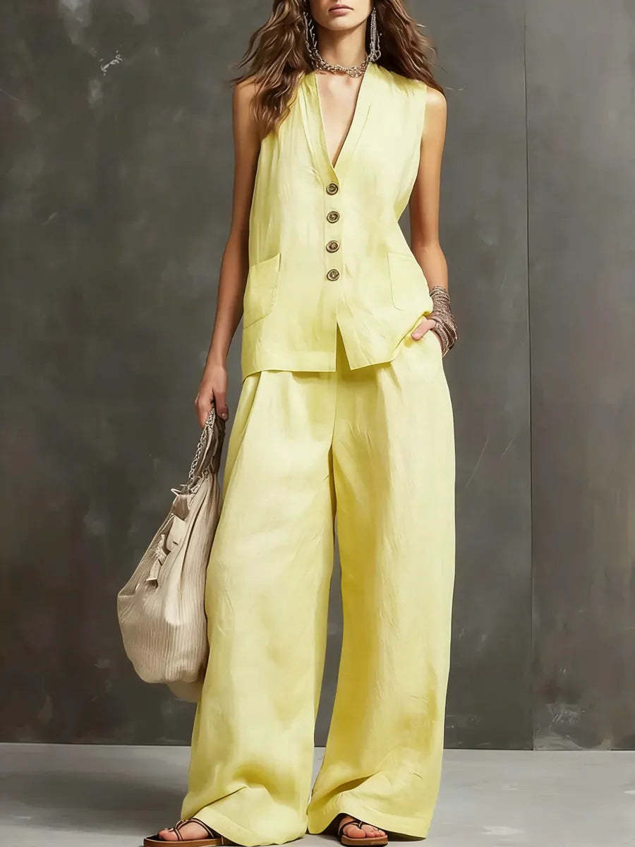 Arrivée Women S Set Veste sans manches et pantalons à jambes larges Ensemble de deux pièces en coton