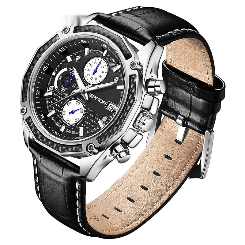 Calendrier de la sangle de quartz Trois yeux et six aiguilles montre pour hommes