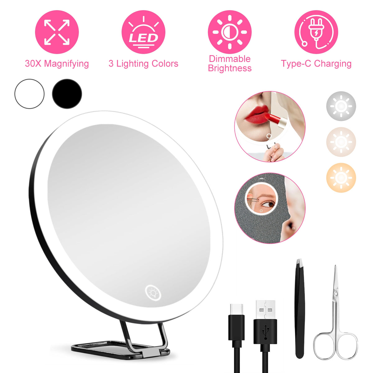 White-Black Options -- Miroir grossissant 1Pc 30X avec lumière pour cadeau 3 couleurs Dimmable Bri