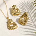 Or Ton en acier inoxydable Ribbed Texturé Hollow Square Ensemble de bijoux 2Pcs Pendentif femme Nec