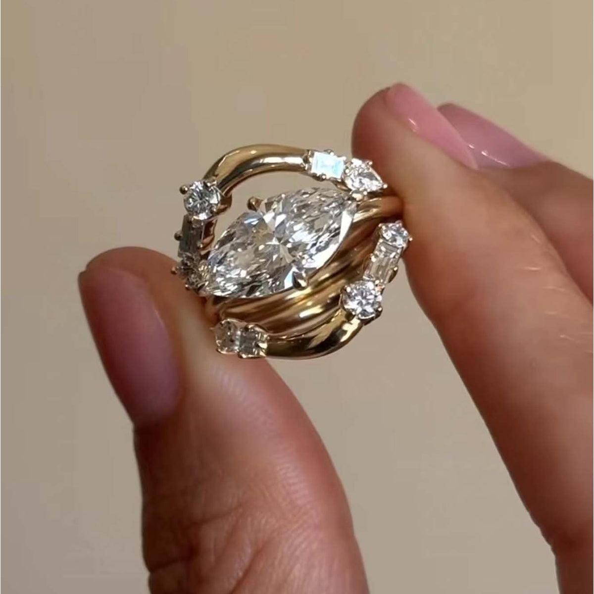 S925 Argent plaqué or Marquise Moissanite 3 pièces de bague 5x10mm D Couleur VVS1 US Taille 6
