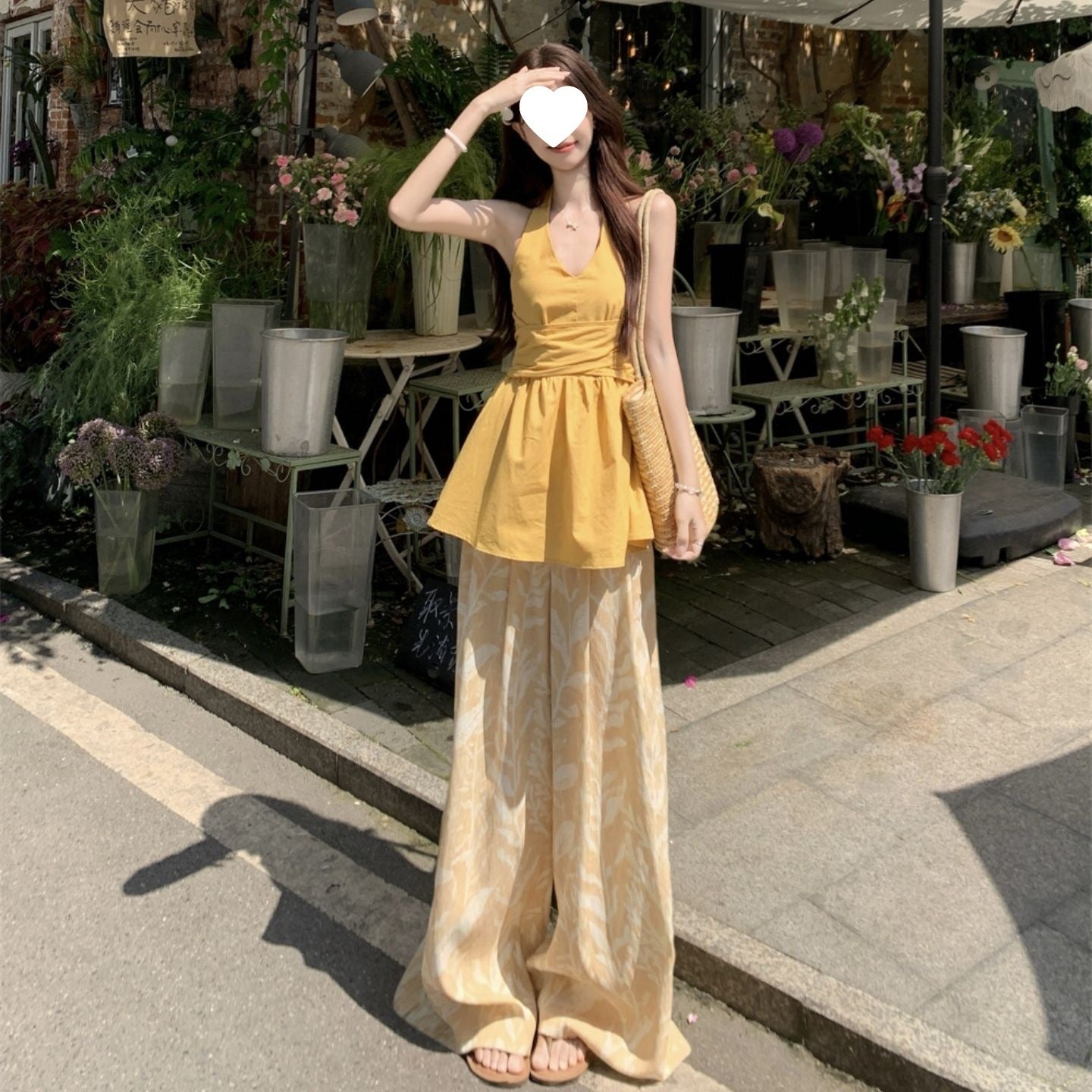 Pantalon d'été bi-pièces à deux manches à cintre jaune