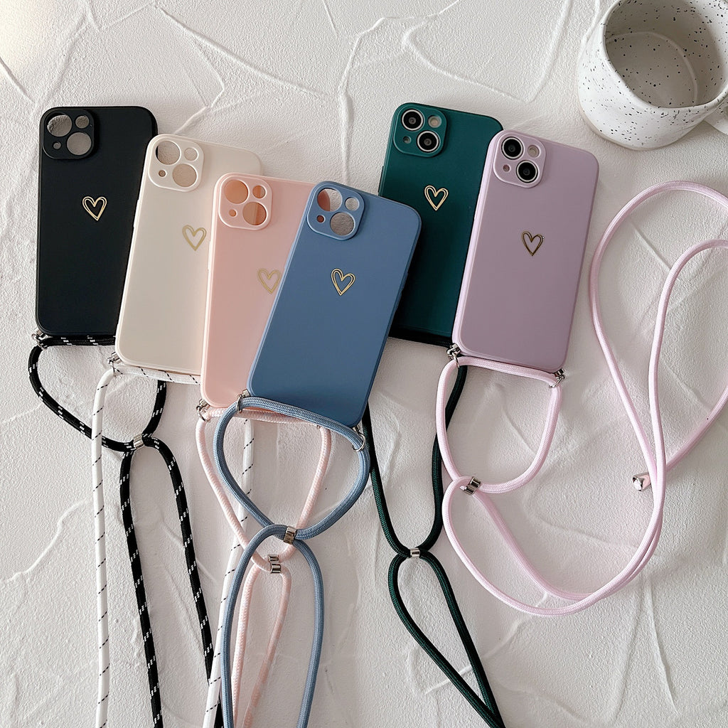 Étui téléphonique de lanyard de petit coeur doré