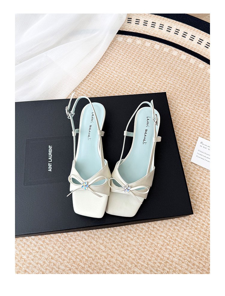 Femme Été Mode Française Versatile OneStrap Strass Bow SquareToe OpenToe Elegant