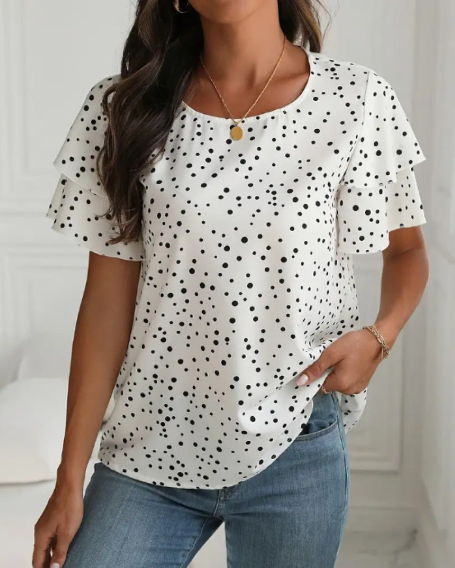 Plus Taille Col d'équipage Polka Dot Imprimer short sleeve top chemise