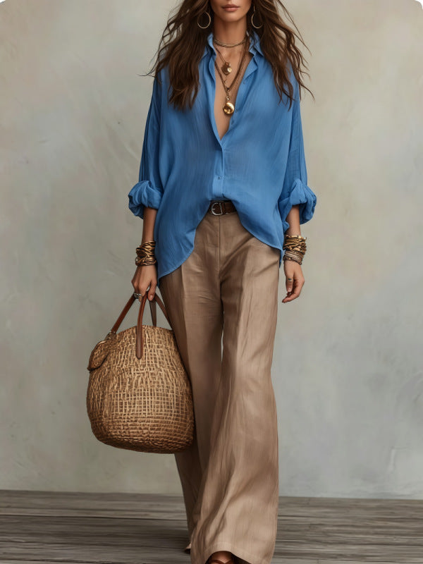 Une chemise légère en lin jumelée à un pantalon large