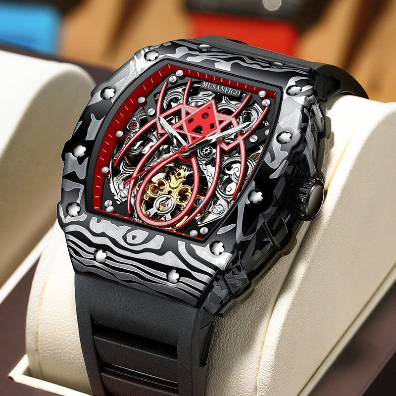 En forme de barillet Entièrement automatique mécanique Lumineux Sport Mode Hommes Montre Hollow-out