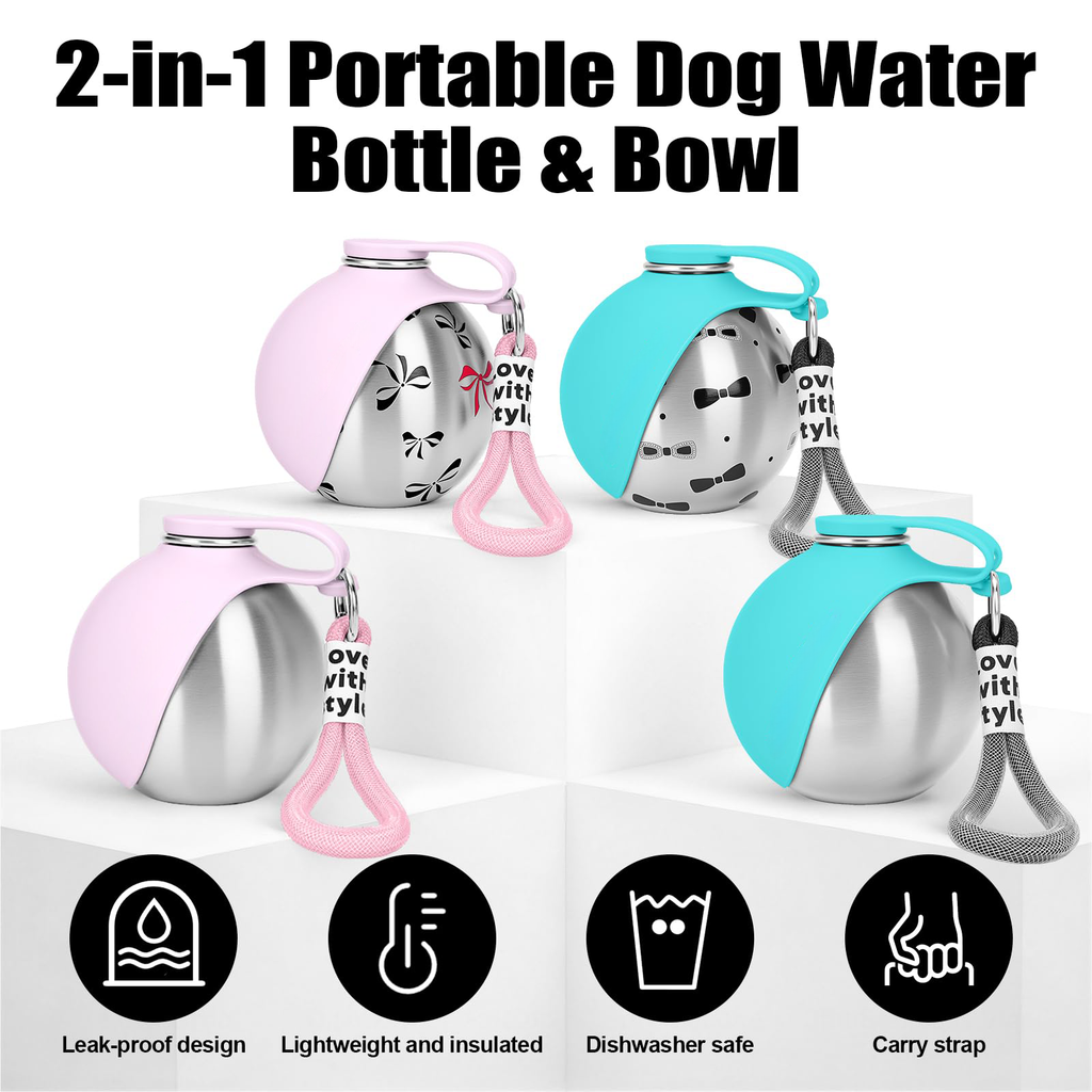 Bouteille d'eau portable pour chien 10oz en acier inoxydable Distributeur d'eau pour chien de voyage avec bol No-Spi