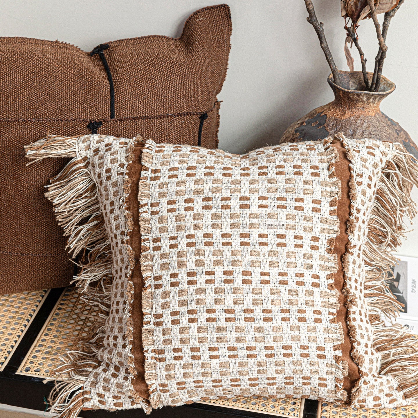 Coton et lin Patchwork lancer oreiller Canapé Coussin de dossier fait main Pad pour Villas