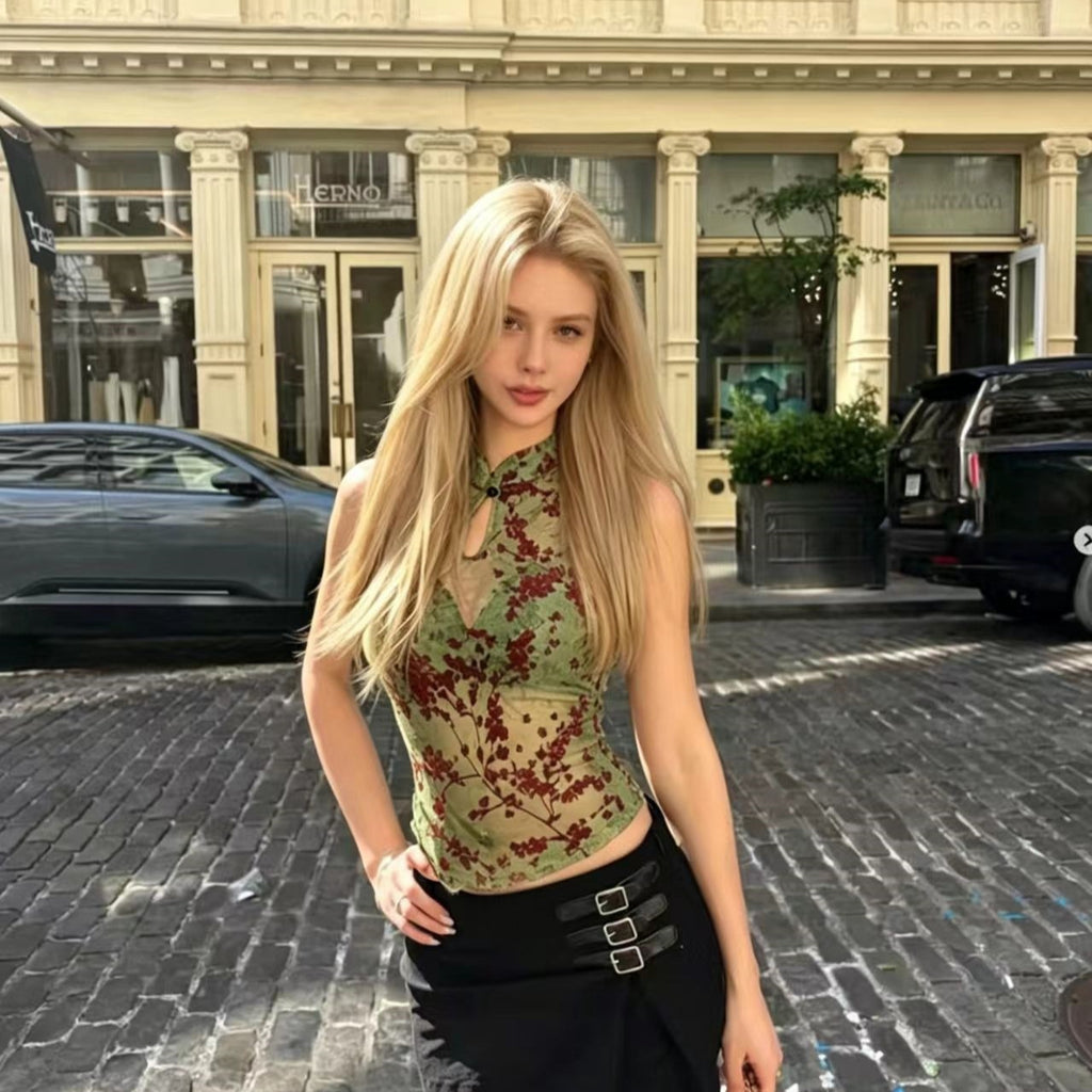 Sexy Floral Sheer Slim-fit Cheongsam-collar T-shirt