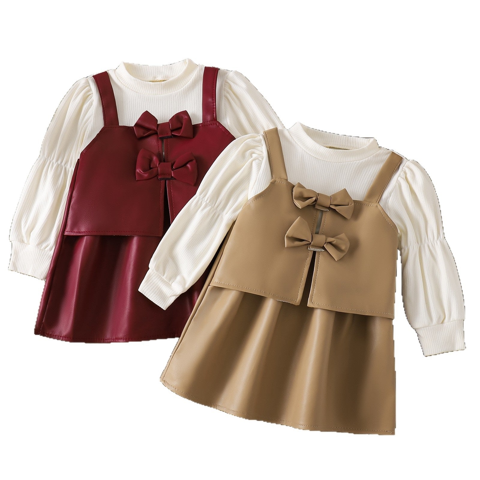 PU en cuir Princesse style manches longues Bow Tie Faux Ensemble deux pièces