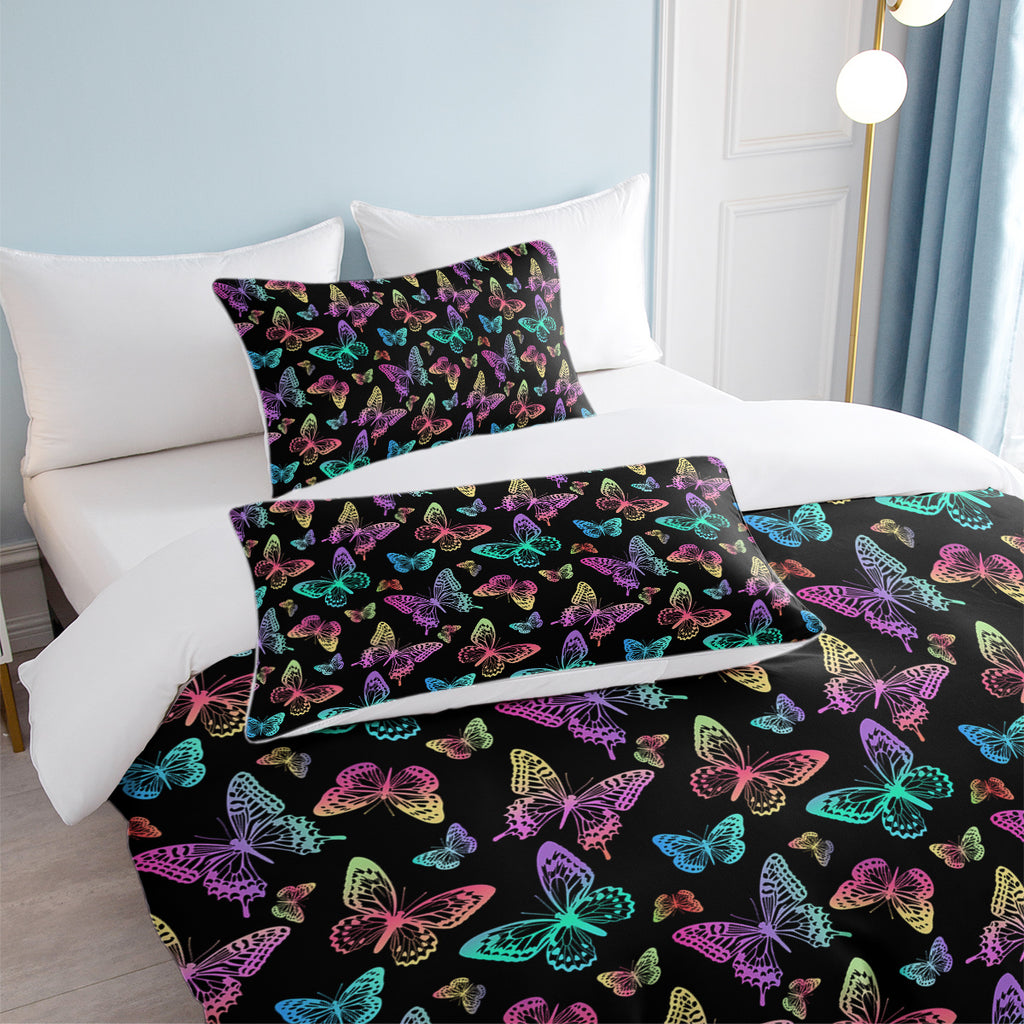 Neon Butterfly Printed Duvet Cover Set - Colorful Microfiber Bedding