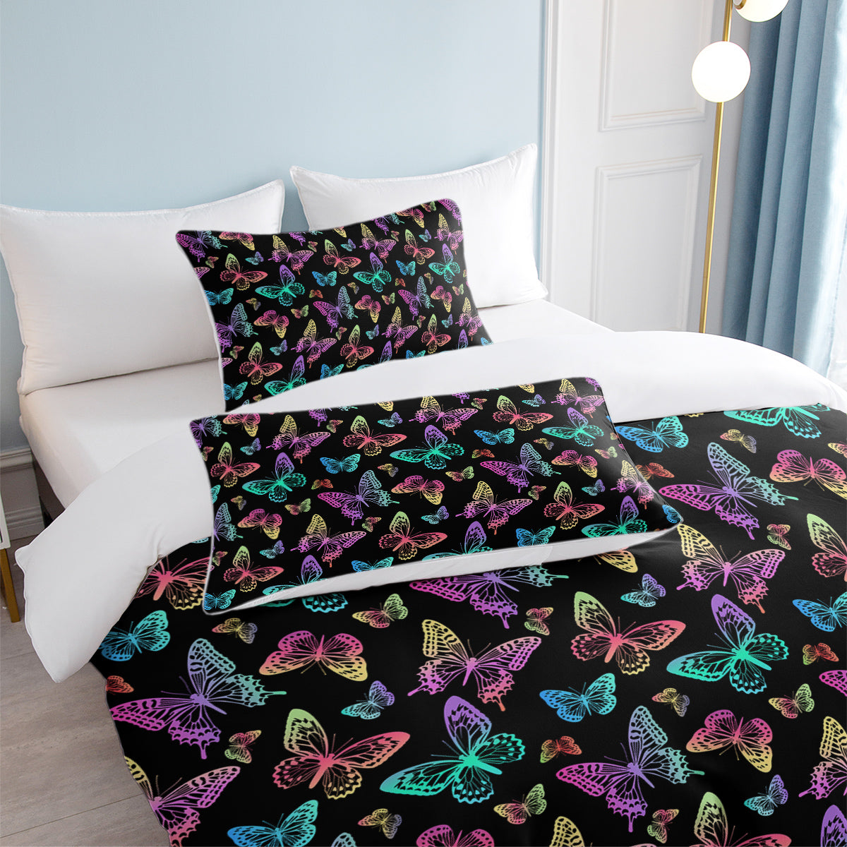 Neon Butterfly Printed Duvet Cover Set - Colorful Microfiber Bedding