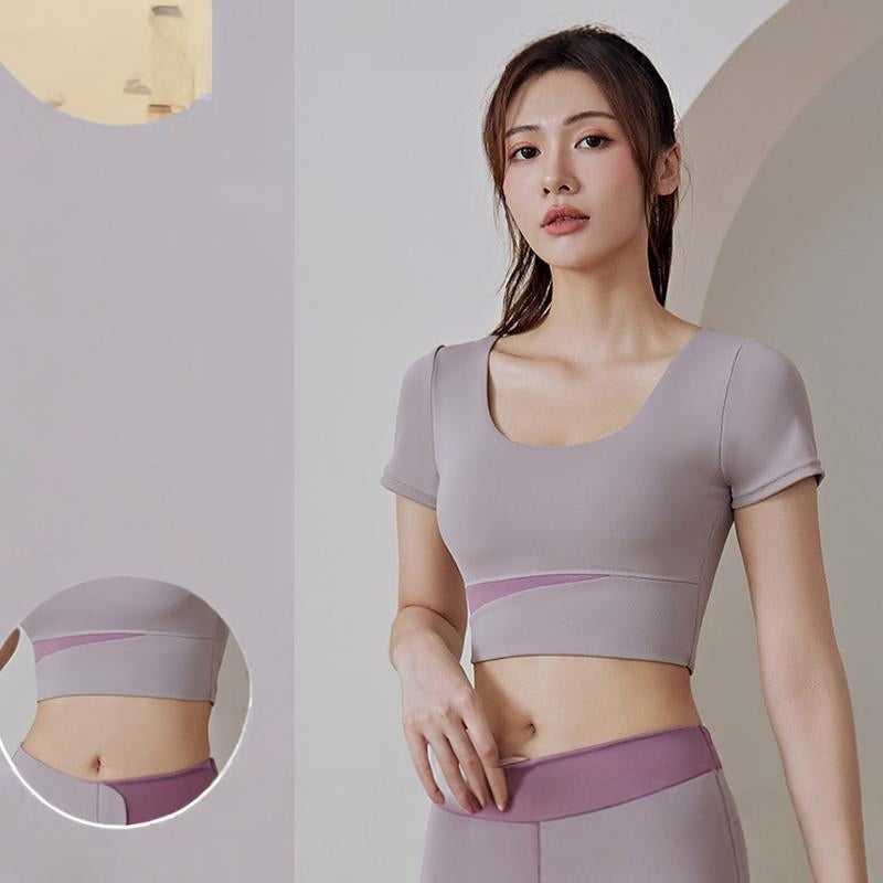 Women's Color Block Yoga Short Sleeve Top with Built-in Bra Pads