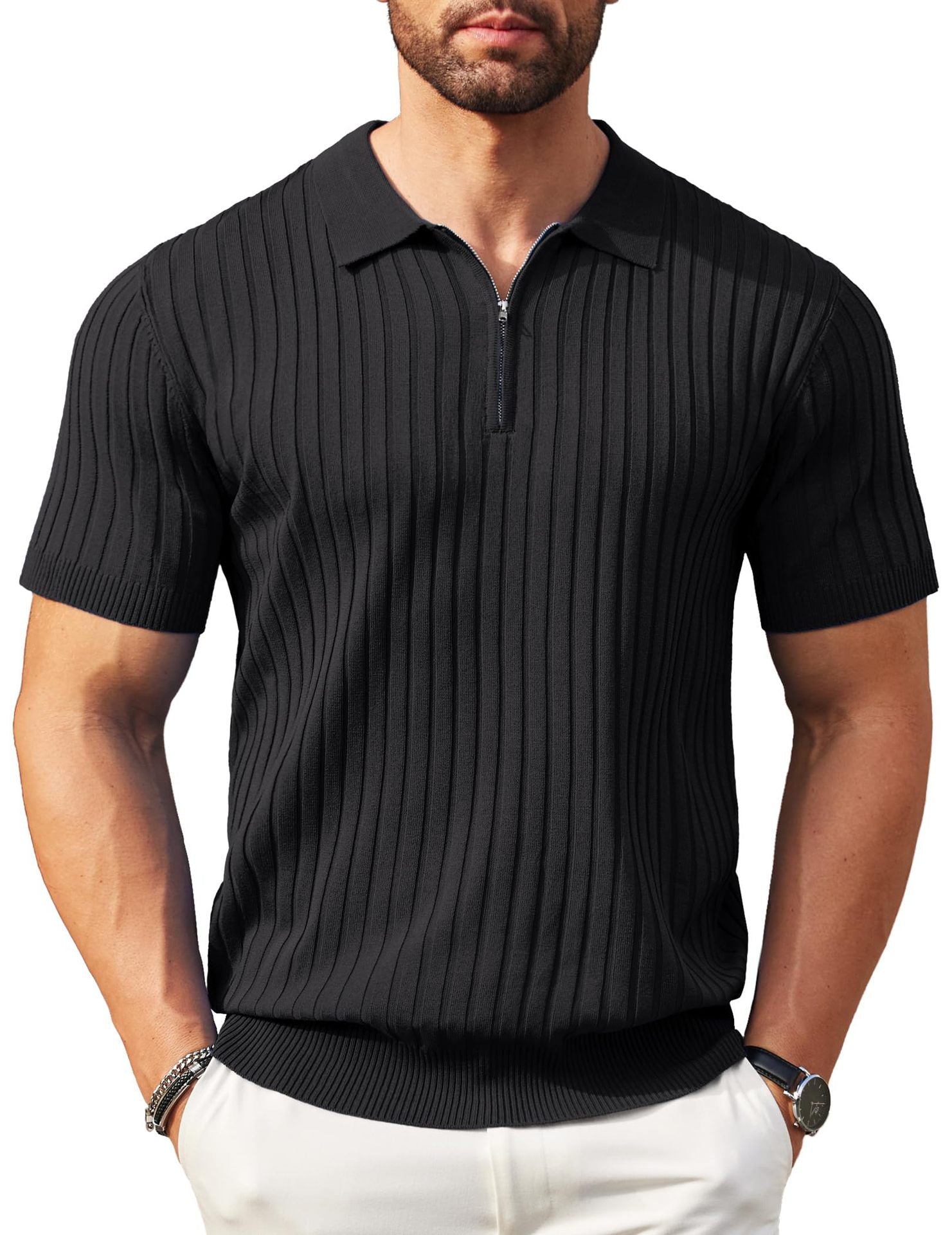 Hommes Zip-Up manches courtes Polo T-Shirt T-Shirt mode de golf casual