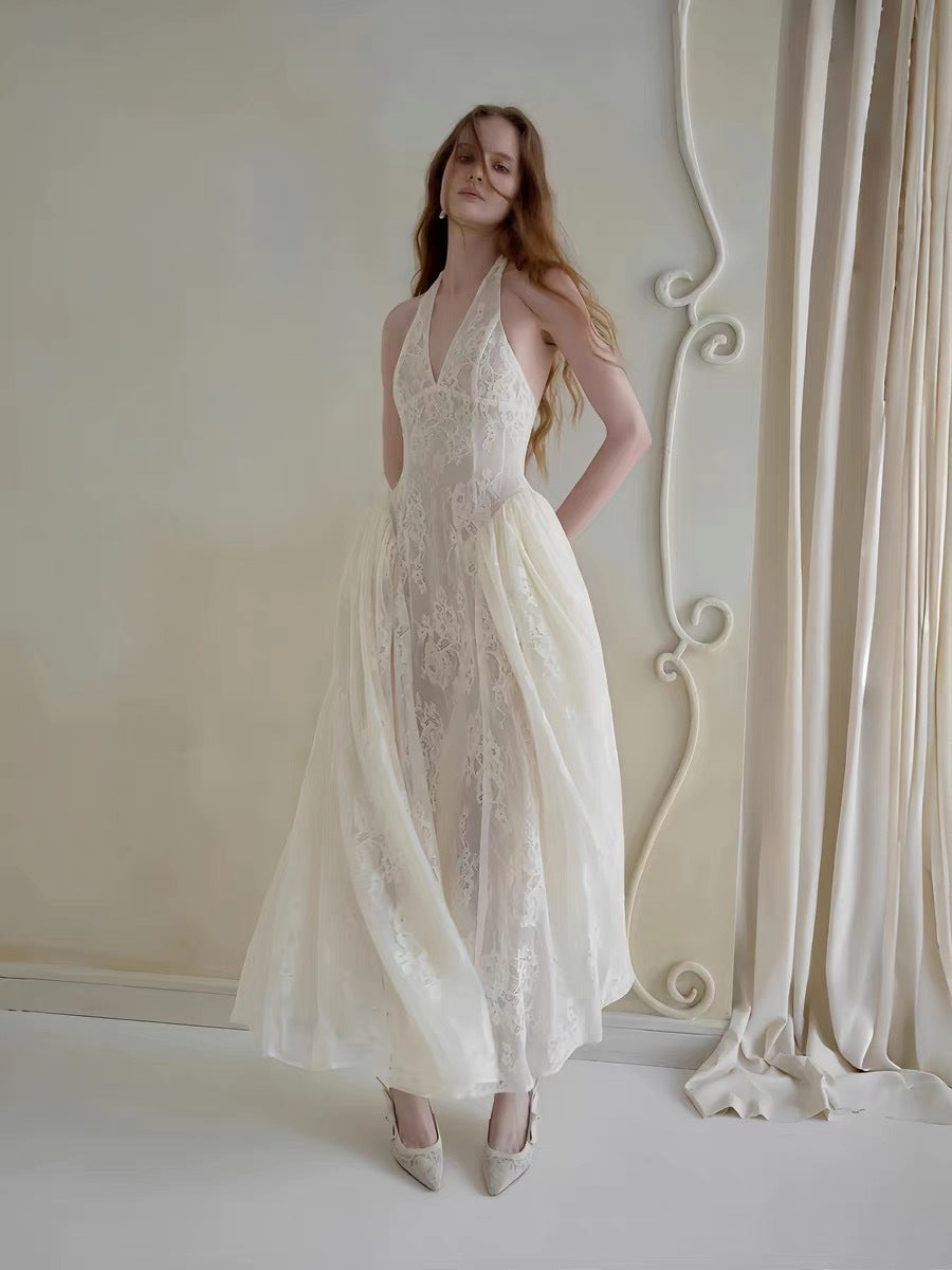 Halter V Collier Robe de Dentelle Florale Midi Mariée