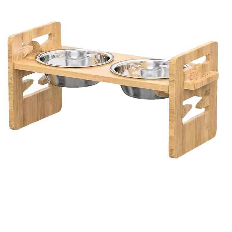 Bamboo Wood Dogs and Cats Bowl Rack Pet Double Bowl