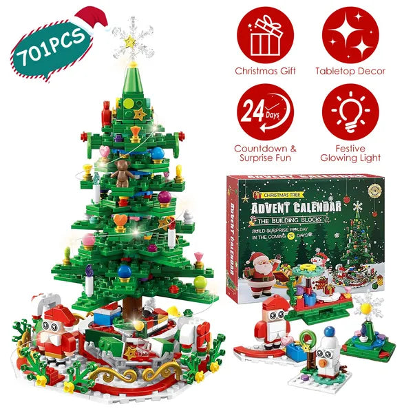 Christmas Tree Building Toy - 701 Pcs With 24-Day Countdown Calendar, 30 LED Warm Lights (USB Powered) - Santa, Ornaments, Snowflake Topper - Educatio