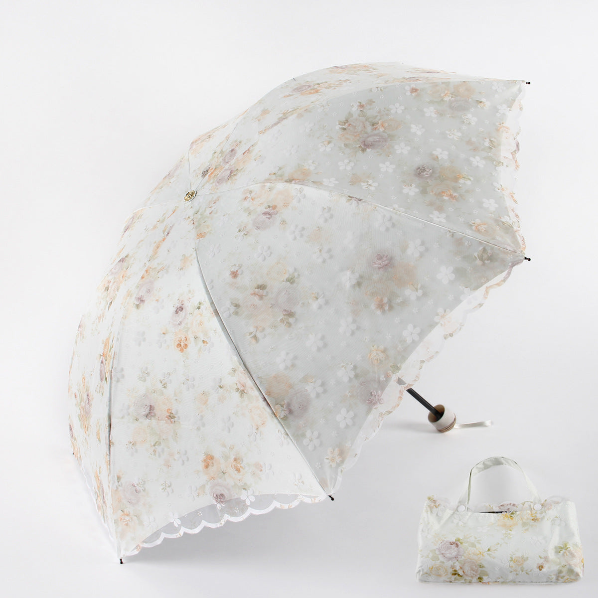 Broderie pare-soleil-y compris sac parapluie-Trois-pli huit-os-Beige-vinyl + dentelle-1
