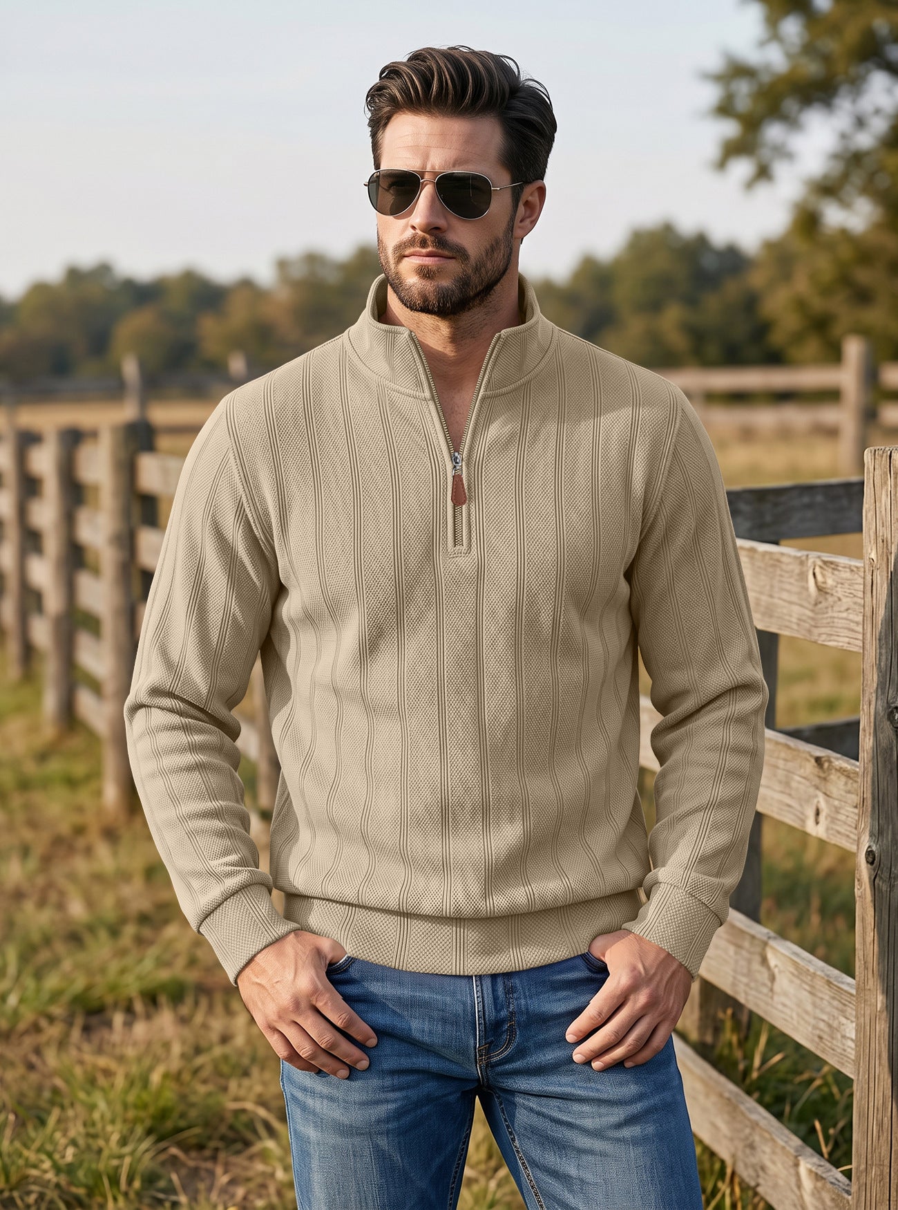 TK Hommes Vertical Stripe Waffle Half-Zip Stand Collar Long Sleeve Top
