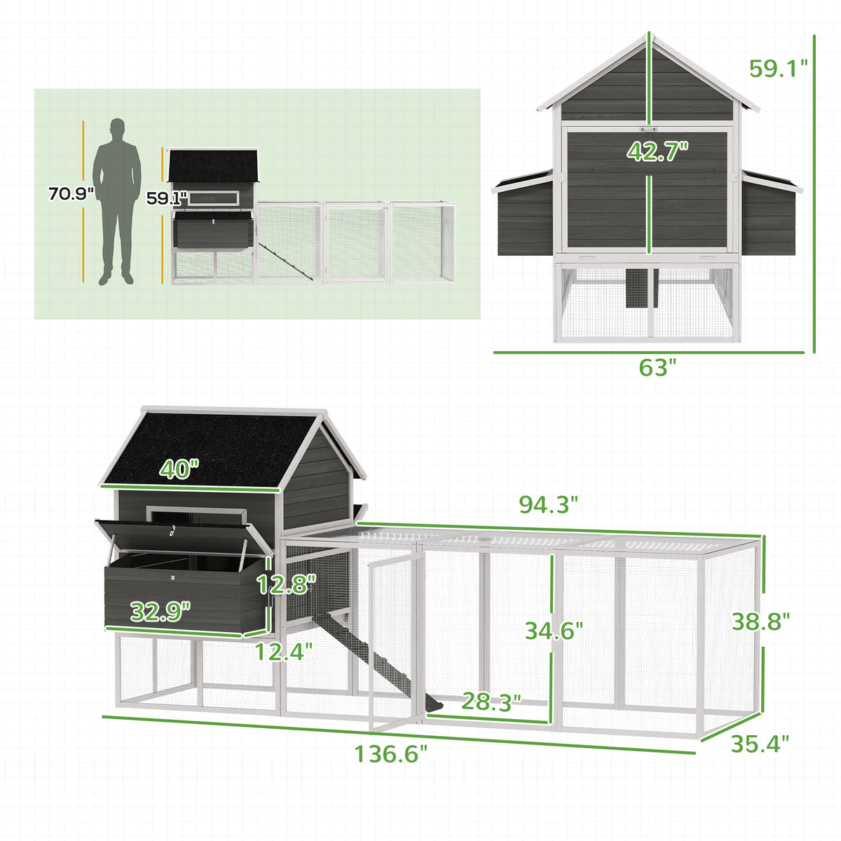 Coop de poulet en bois de 137 po pour 4-6 poulets