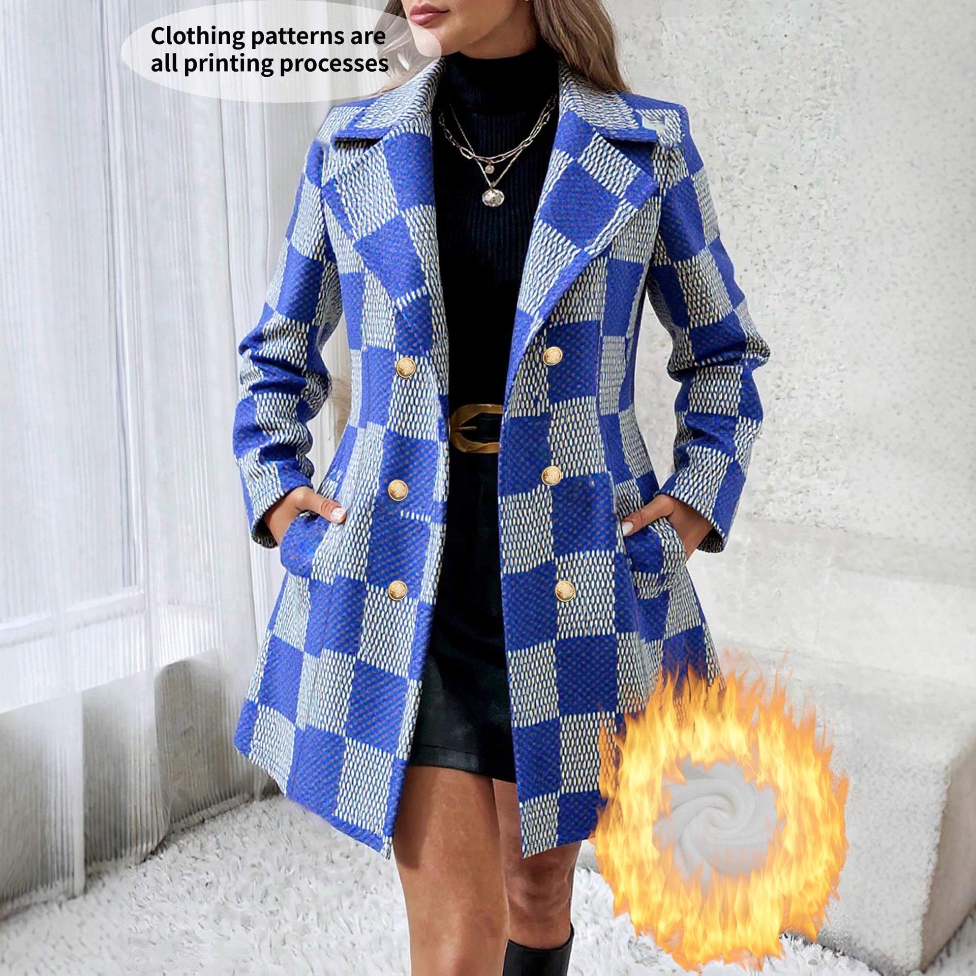 Plus-taille Contraste-couleur Plaid Flèche doublée de mollet-fit manteau pour les femmes