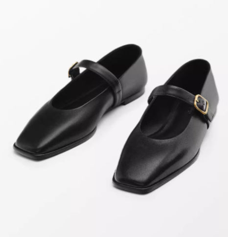Chaussures en cuir véritable carré-orteil plat pour les femmes avec bouche peu profonde et une seule sangle