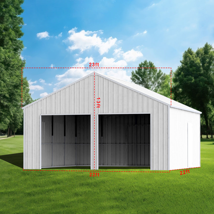 22FT x 23FT Double Garage Steel Shelf Shed – Heavy Duty Metal Garage Storage Cream -