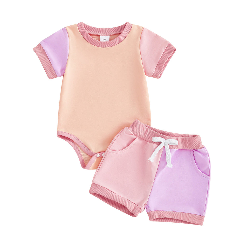 Les filles couleur-bloc à manches courtes Romper et shorts ensemble