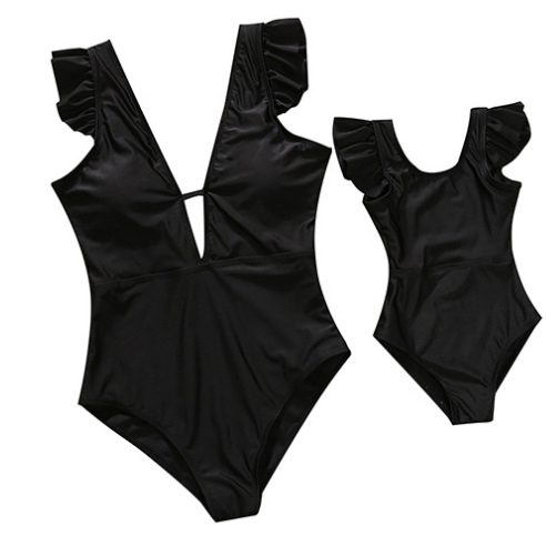 Maillot de bain parent-enfant Maternelle-fille Robe Couleur Solide Col V Une pièce