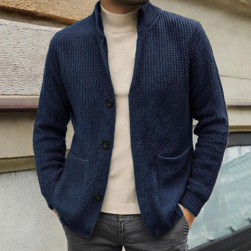 Mens Manteau tricoté de longueur moyenne avec un collier debout
