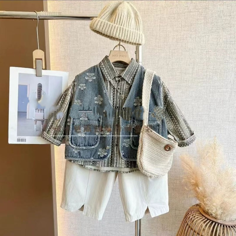 Retro embroidered Korean style denim shirt and pants