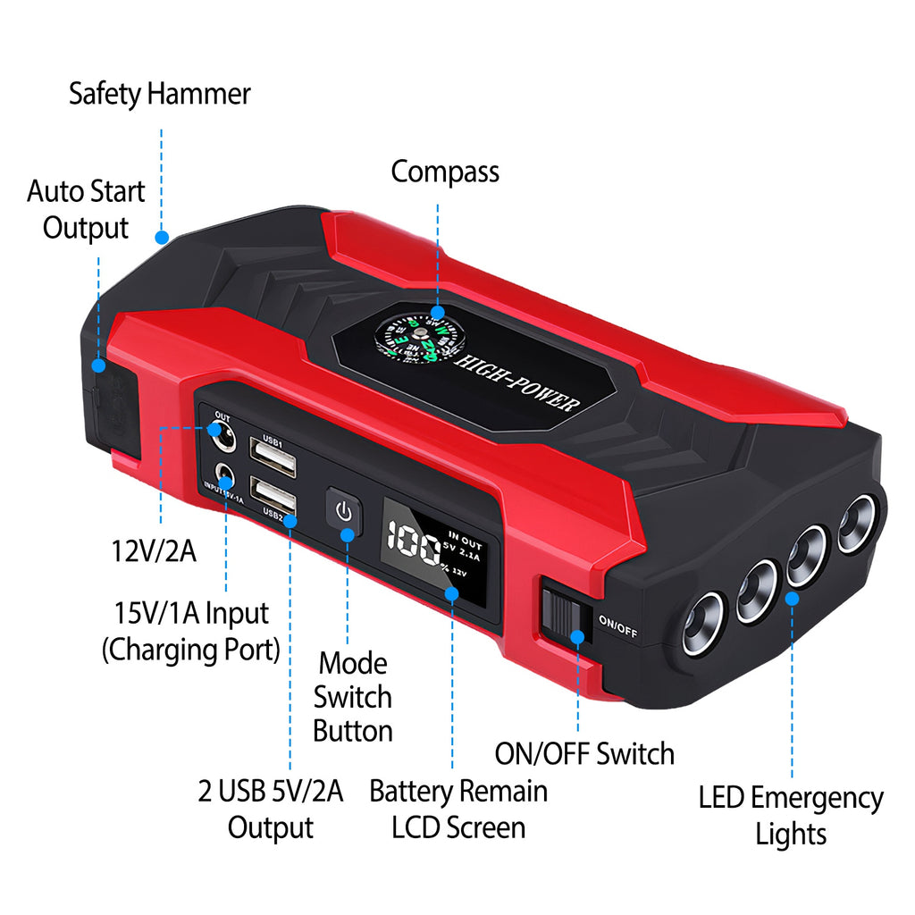 Auto Jump Starter Booster 800A Peak 28000mAh 12V Chargeur de batterie jusqu'à 6,0L Gaz ou 3,0L Die