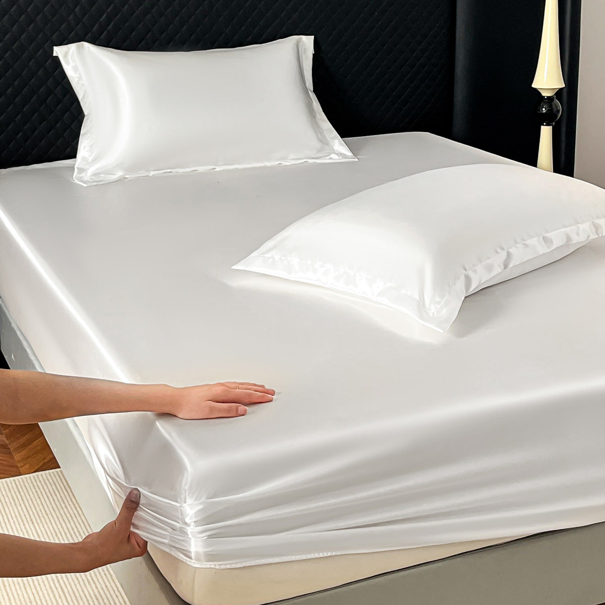Satin look Ice Silk Fitted Bed Sheet - Single Size Smooth Breathable Matelas Cover for Be