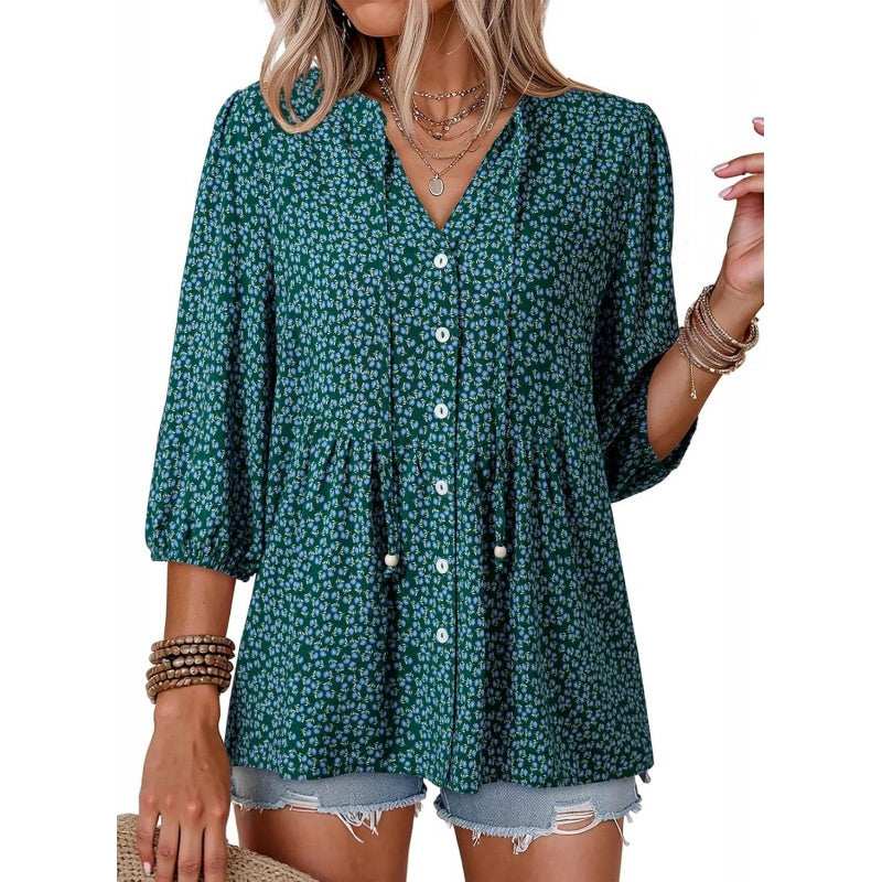 Bohemian Floral Manches courtes Bouton-up col V Ruffled Doll style Casual Loose-fit Blouse