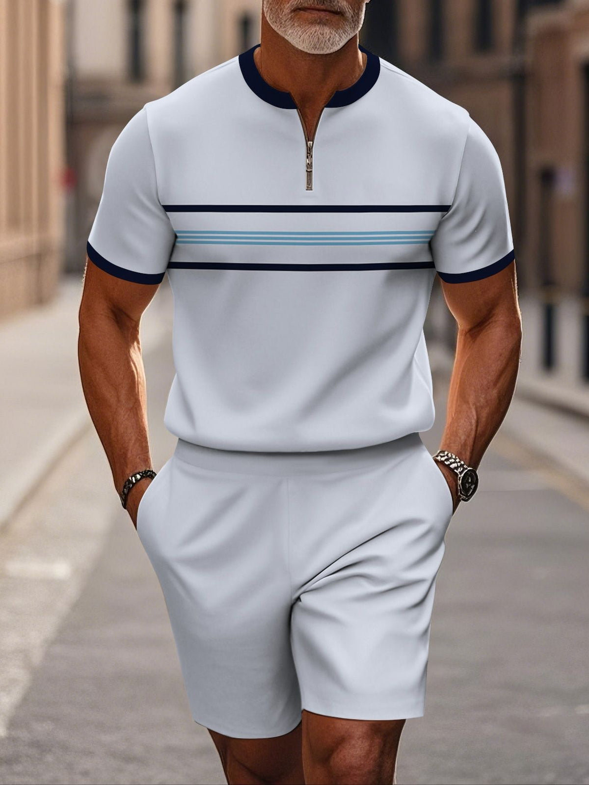 Shorts Zip en col mandarin et manches courtes pour hommes