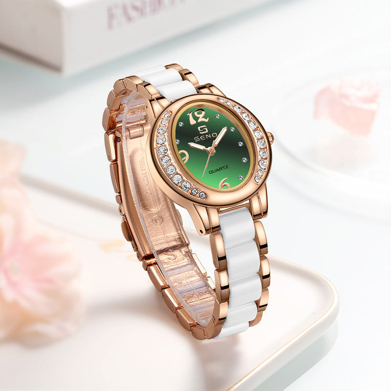 Femmes Montre élégant Oval Diamond incrusté Imperméable Quartz Montre avec une lumière Di