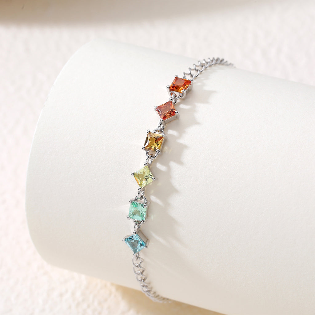 S925 Argent Sterling Rainbow Lab-Grown Bracelet de pierres précieuses 16cm carré coupe platine plaqué G