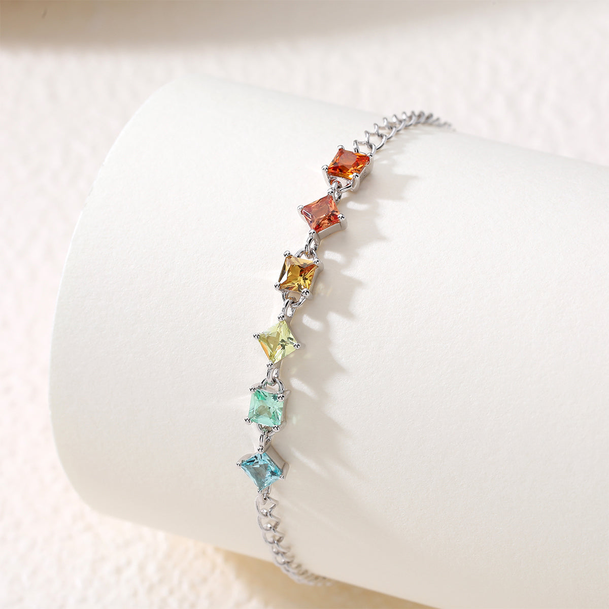 S925 Argent Sterling Rainbow Lab-Grown Bracelet de pierres précieuses 16cm carré coupe platine plaqué G