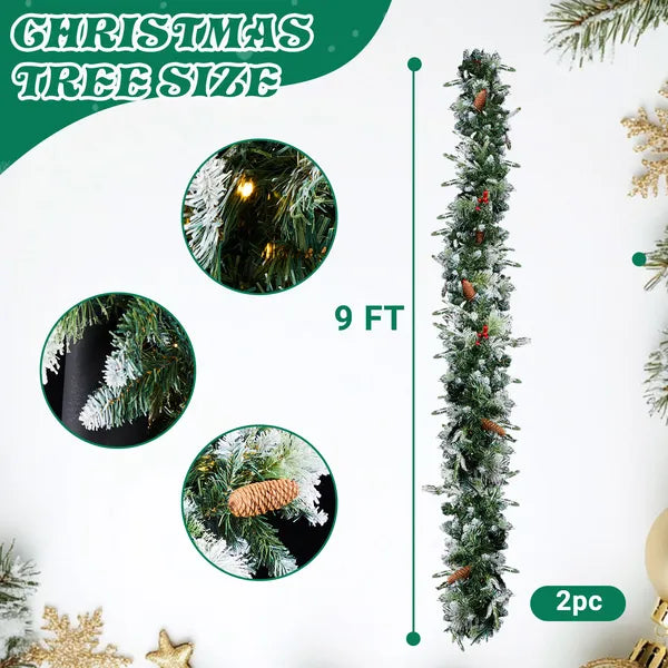 2 Pack 9FT Pré-éclairé Snow Flocked Christmas Garland