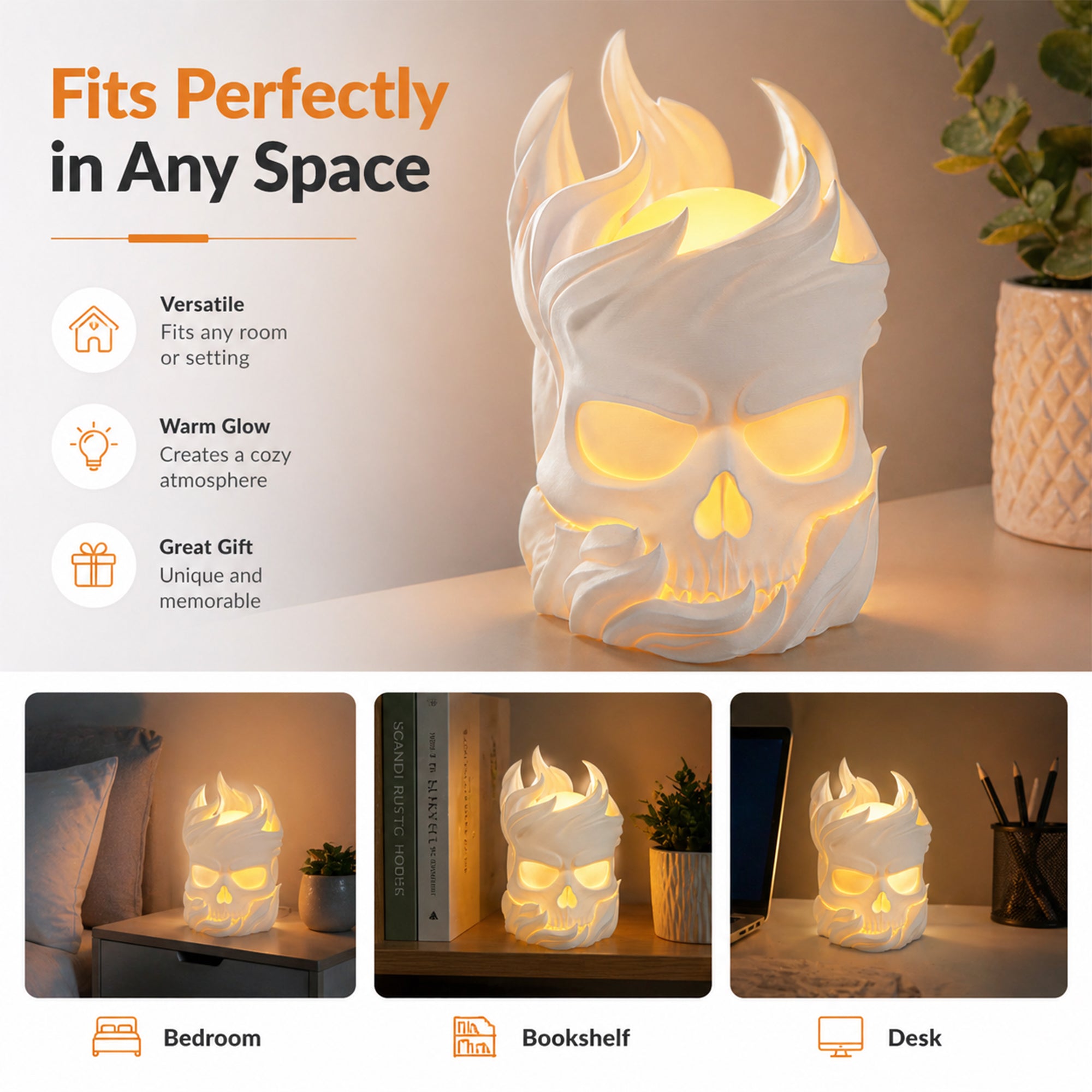 Lampe de table 3D imprimée de crâne de flamme
