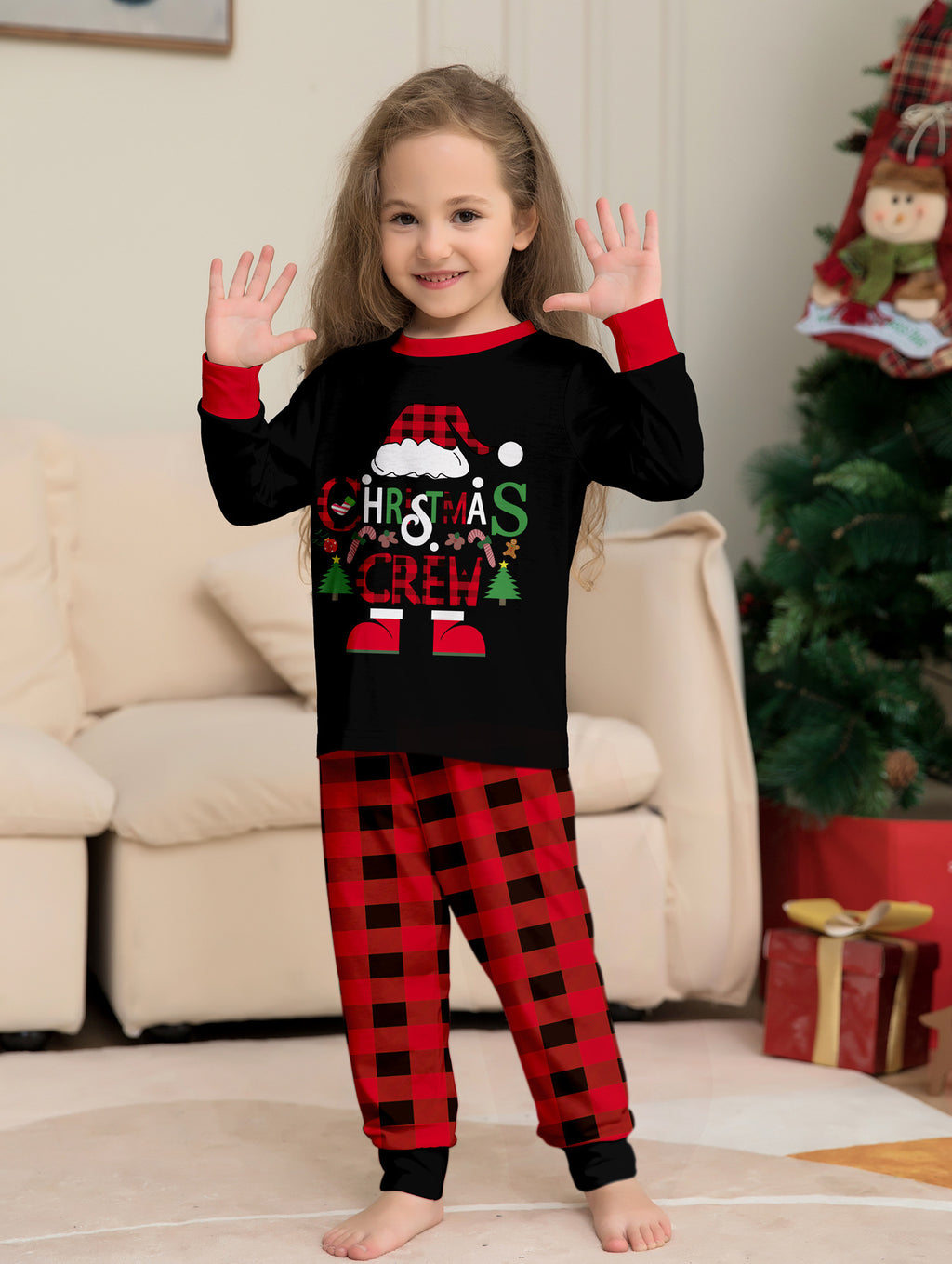 Chapeau de Noël Lettres de dessins animés Plaid rouge et noir imprimé costume de Noël