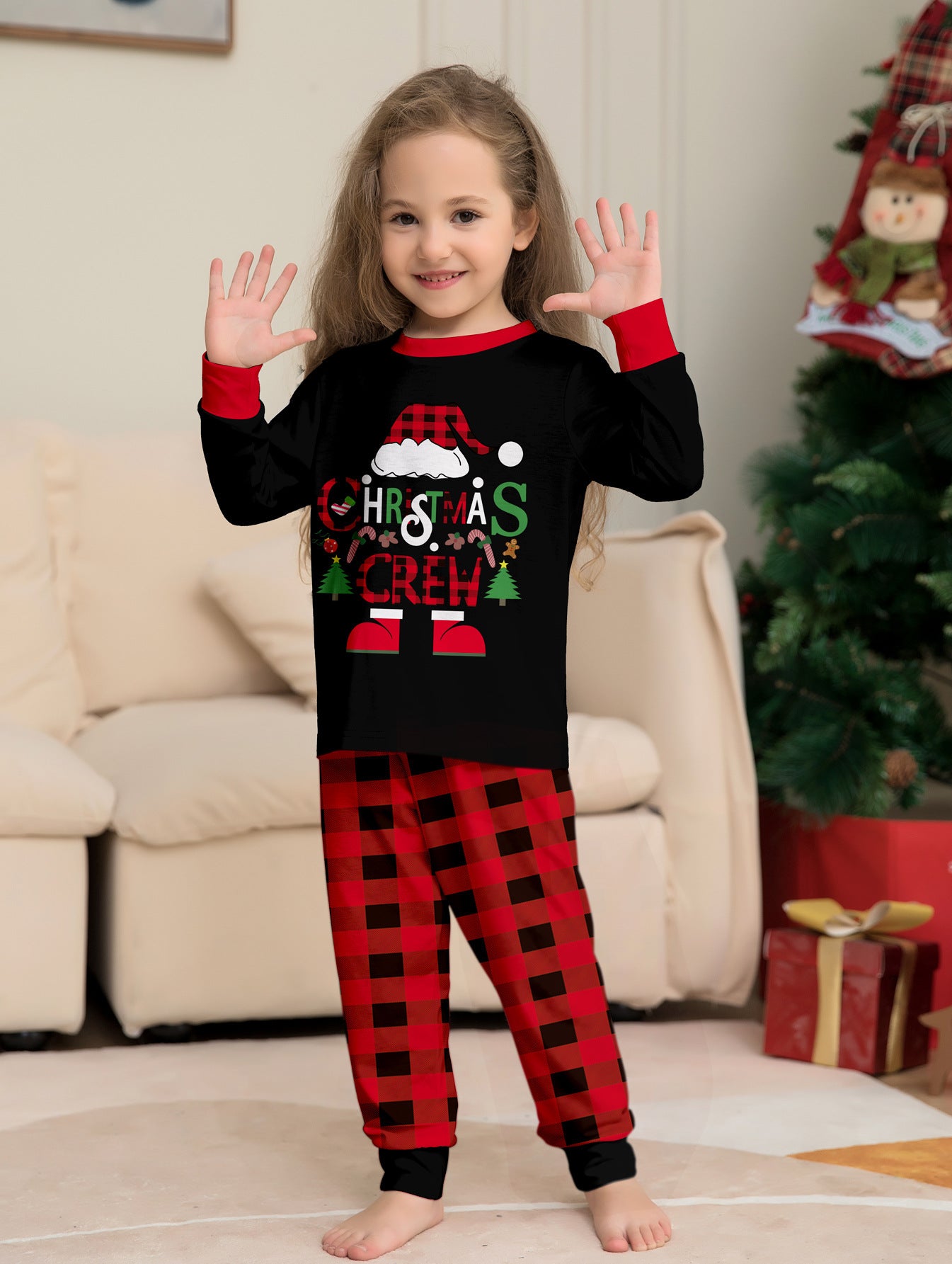 Chapeau de Noël Lettres de dessins animés Plaid rouge et noir imprimé costume de Noël