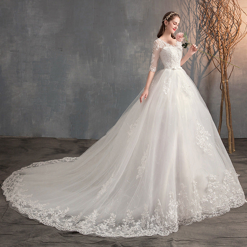 Robe de mariée Trailing Deep V Col Dentelle Haute Robe de mariée à manches longues