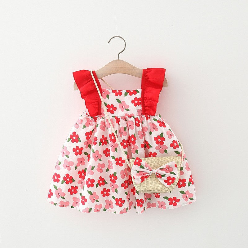 Bébé fille Flounced Sleeve Robe Gratuit Bamboo Panier Satchel