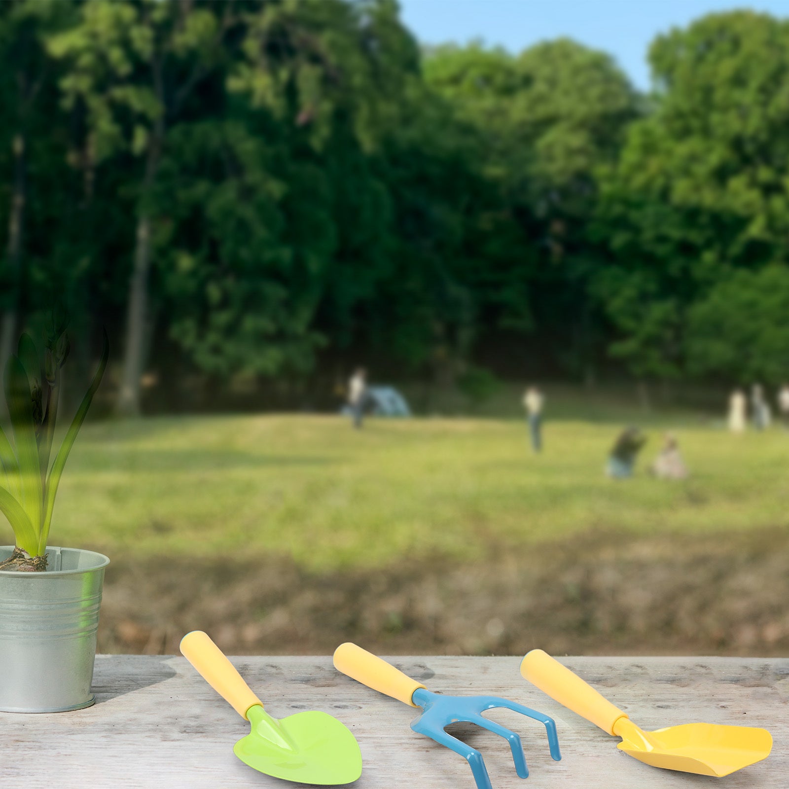 Ensemble d'outils de jardin 3 pièces en jaune avec Tablier Floral - Accessoires pratiques de jardin
