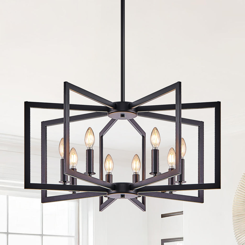 Chandelier 8-Light Geometric Noir moderne de 27" – Luminaire pendentif métallique industriel pour