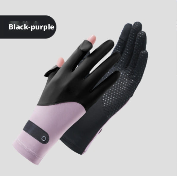 Gants de protection solaire en soie glacée - noir et violet-1 paire