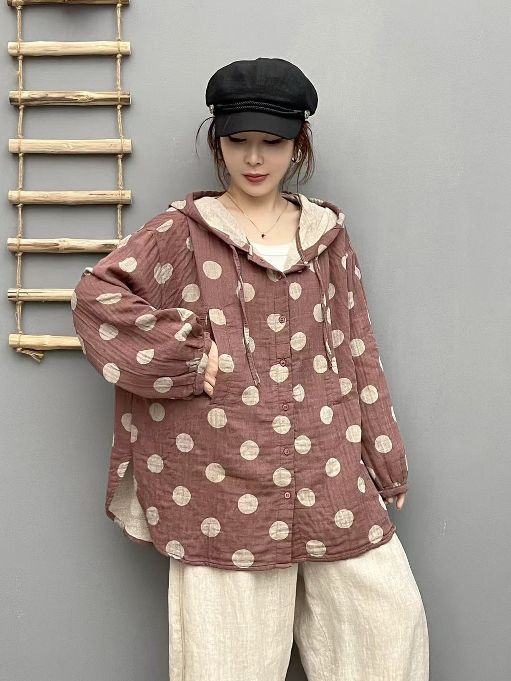 Femmes Cardigan Hoodie avec imprimé Polka-Dot