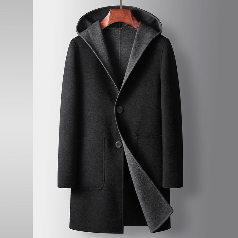 Manteau de laine mi-longueur homme avec un style réversible à la hotte